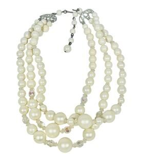 Vintage Faux Pearl Multistrand Necklace 12" White Layered Beaded